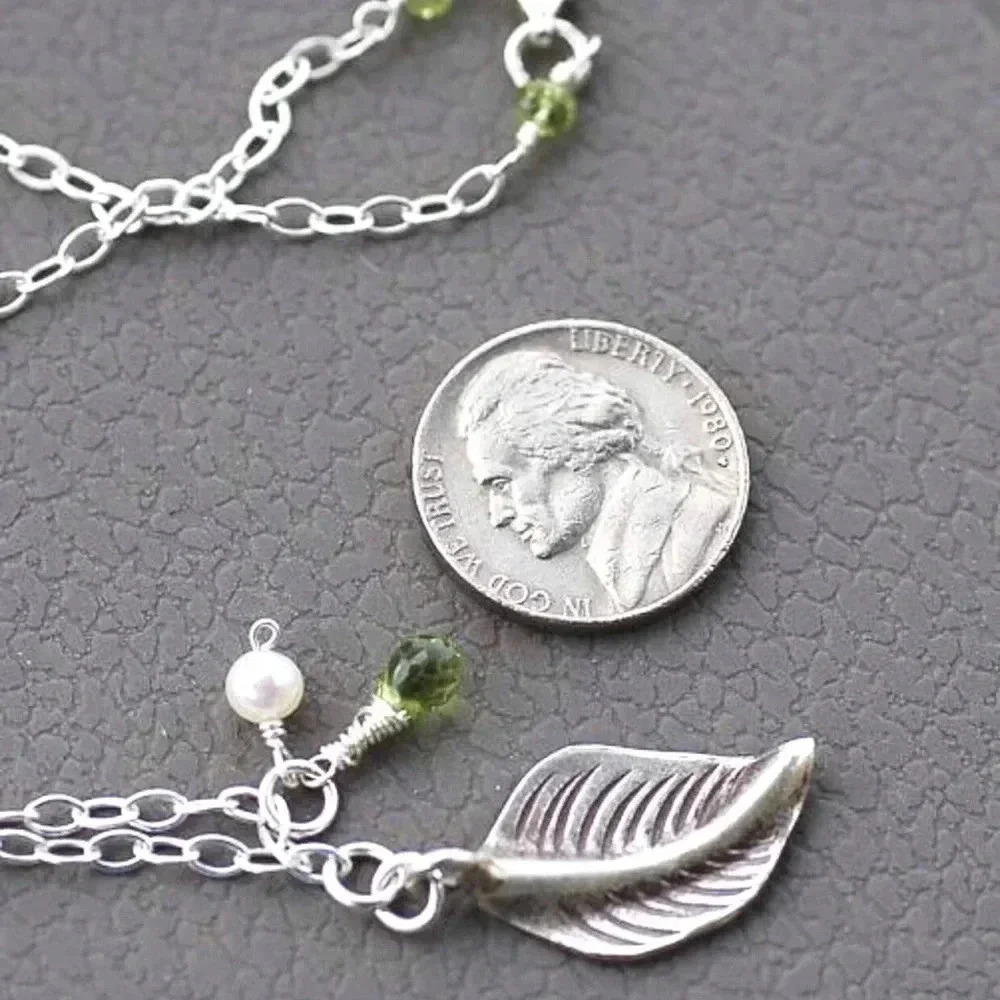 Silver Leaf Pendant, Autumn Necklace, Hill Tribe Silver, Peridot, Pearl - Picture 3 of 3